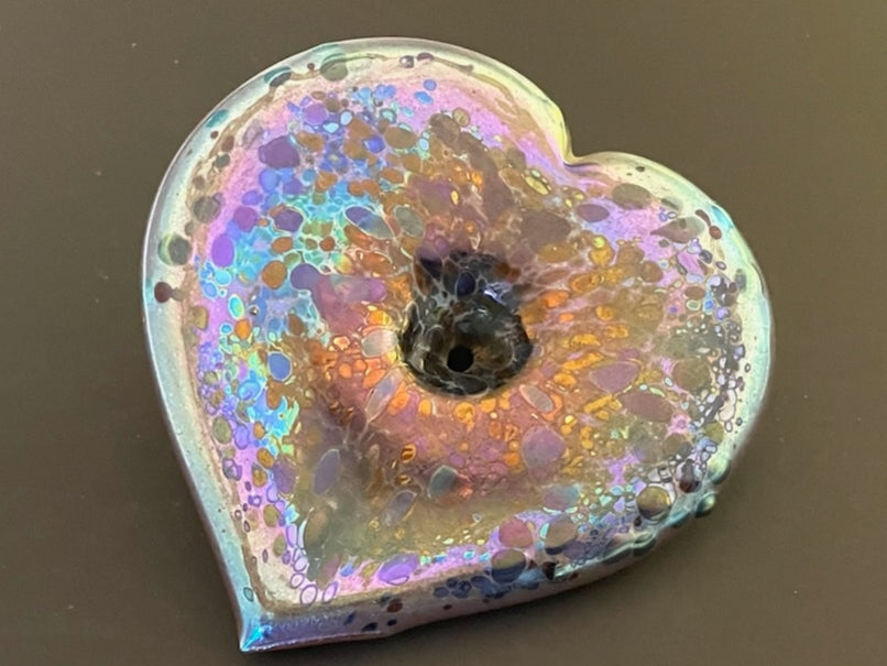 A Modernist Folk Art Iridized Rainbow Blue Glass Heart