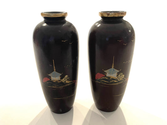 Two Japanese Scenery Painted Brown Gilt Rims Identical Vases