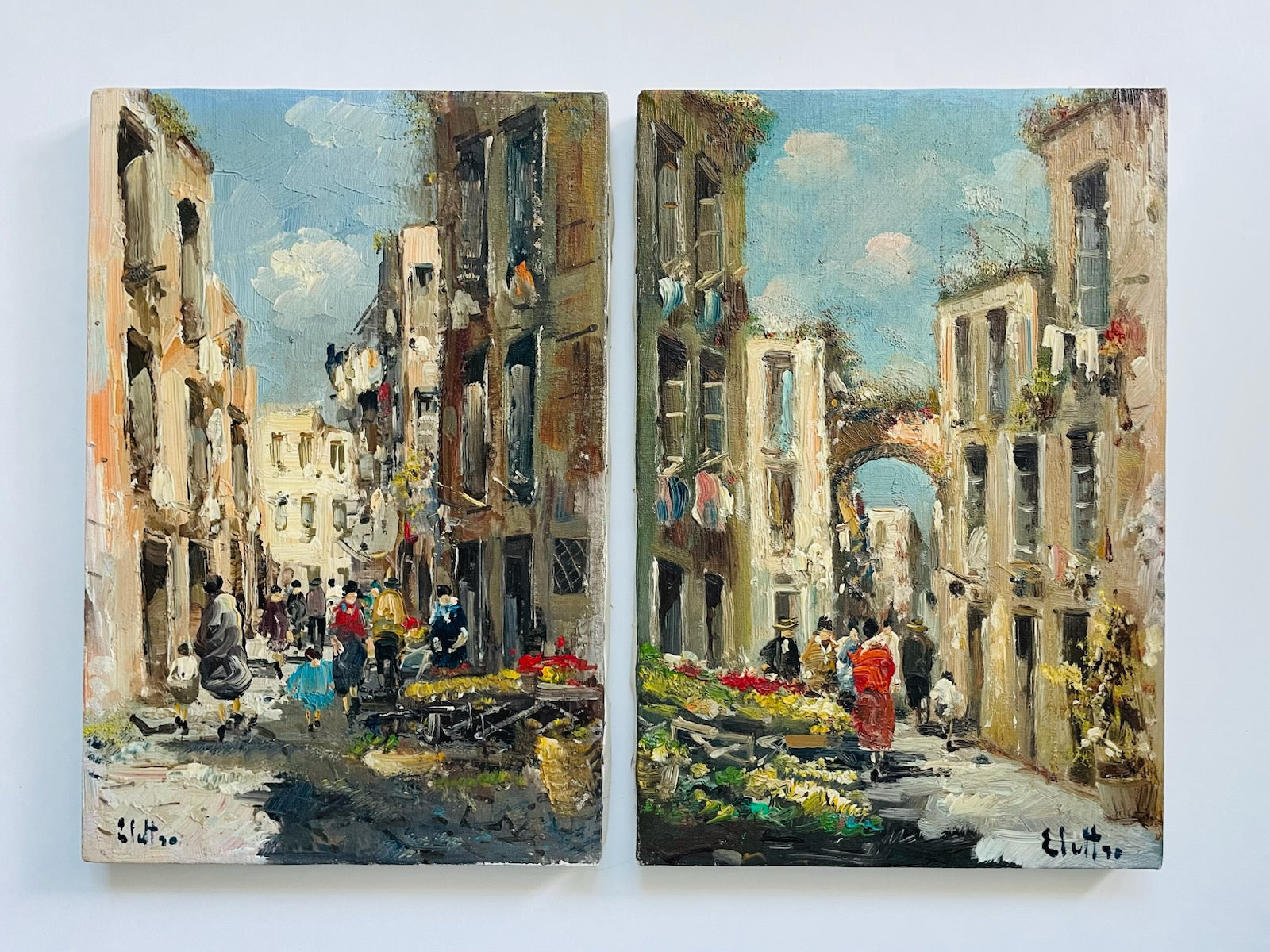 European Street Scene Paintings Signed Oil On Canvas