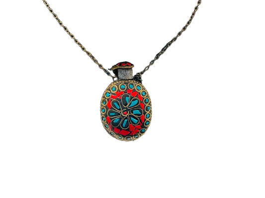 Folk Art Bottle Pendant Chain Necklace Coral Turquoise Embellished