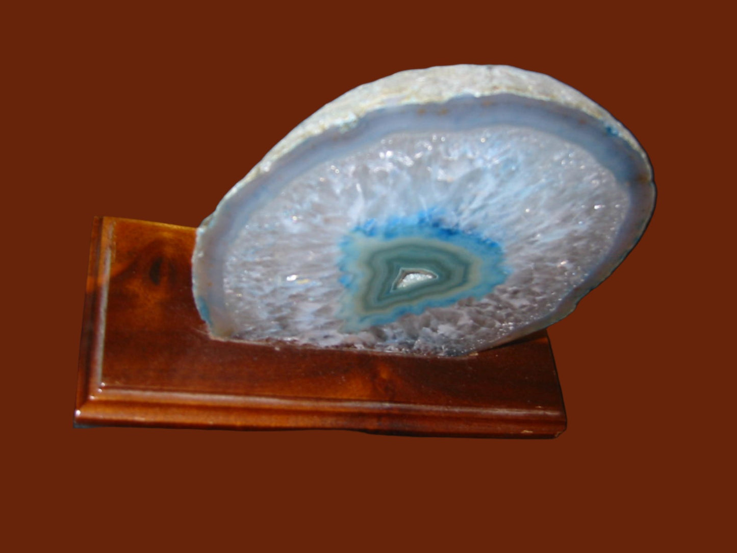 Mid Century Sliced Blue Brazilian Agate On Stand