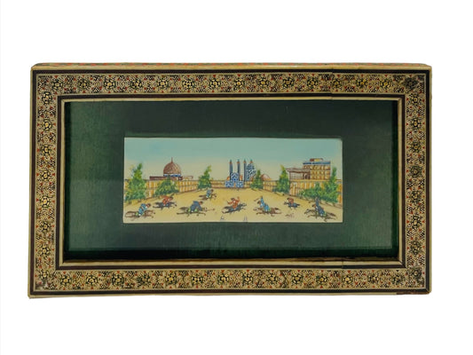 Persian Miniature Chogan Players Signed Plaque Khatam Frame 