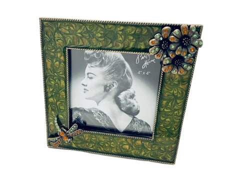 A Green Enamel Picture Frame Embellished Sparkle Dragonfly Flowers
