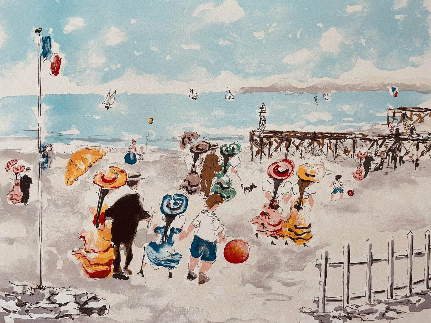 Impressionist French Signed Gouache Art People At The Beach Lithograph