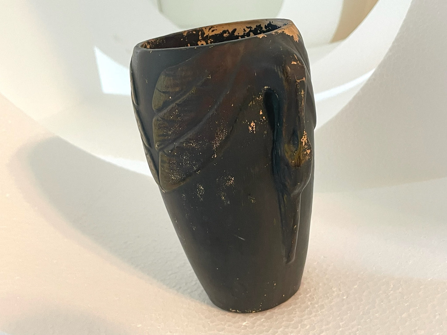 A Charcoal Ceramic Vase Gold Painted Swan Handles Flame Marked Numbered