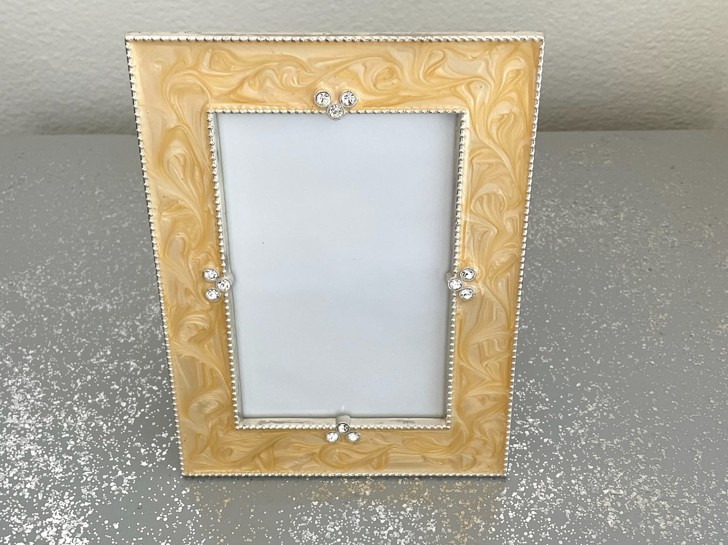 Yellow Enamel Metal Picture Frame Decorated Rhinestones