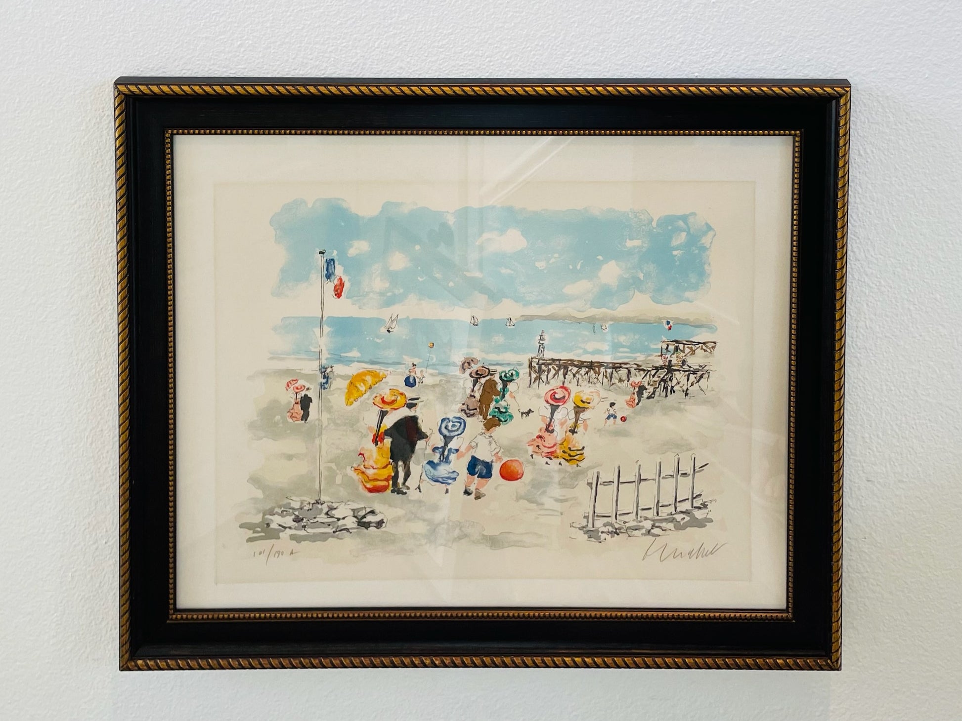 Impressionist French Signed Gouache Art People At The Beach Lithograph