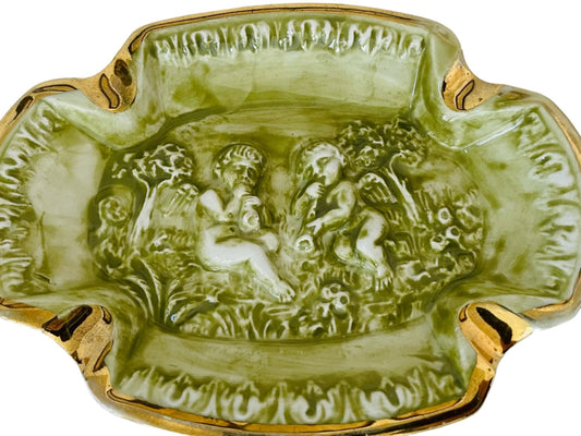 R Capodimonte Italy Gold On Green Putties Decorated Ashtray 