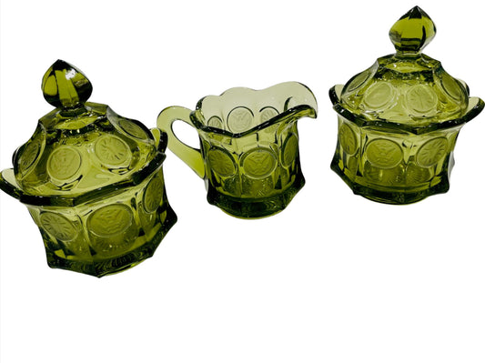 Fostoria American Green Lidded Glass Coins Jars Creamer Vanity Set