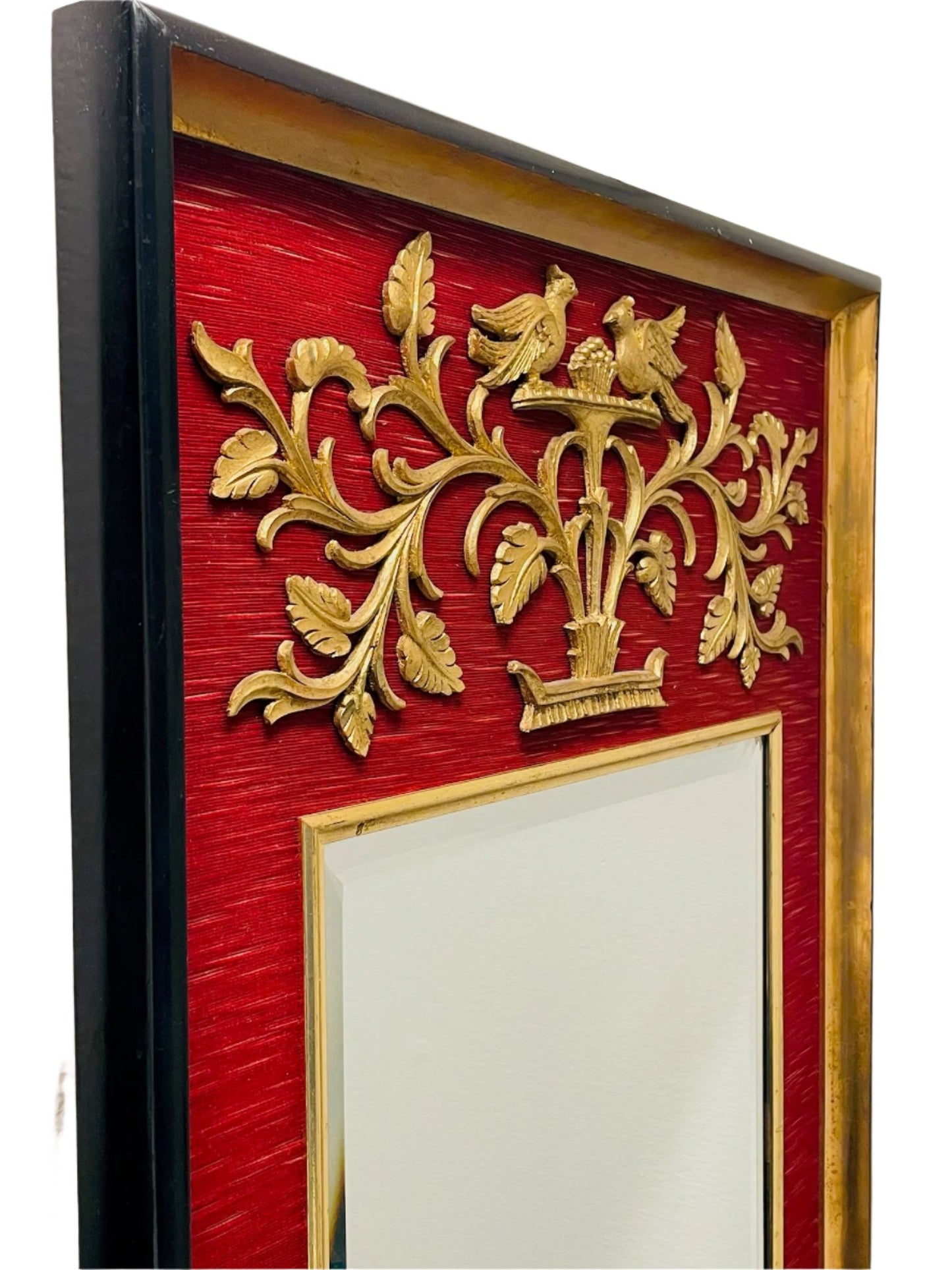 La Barge Red Textile Gold Birds Ornate Beveled Floor Mirror