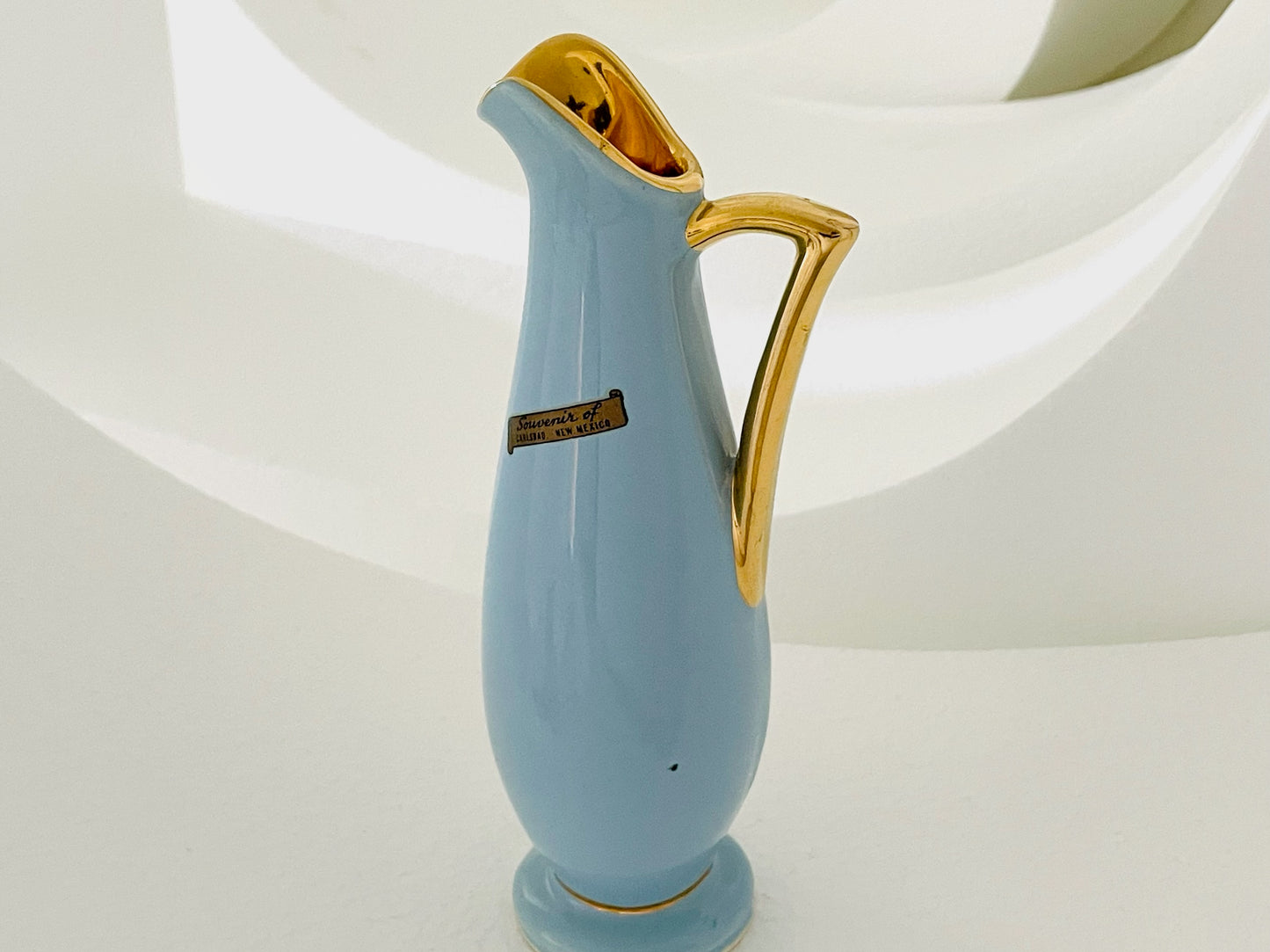 Souvenir of Carlsbad New Mexico Blue Ceramic Gold Interior Pitcher