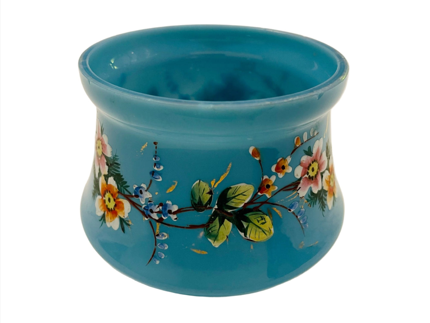 Bristol Style Blue Glass Jar Hand Painted Decorated Floral Enameling