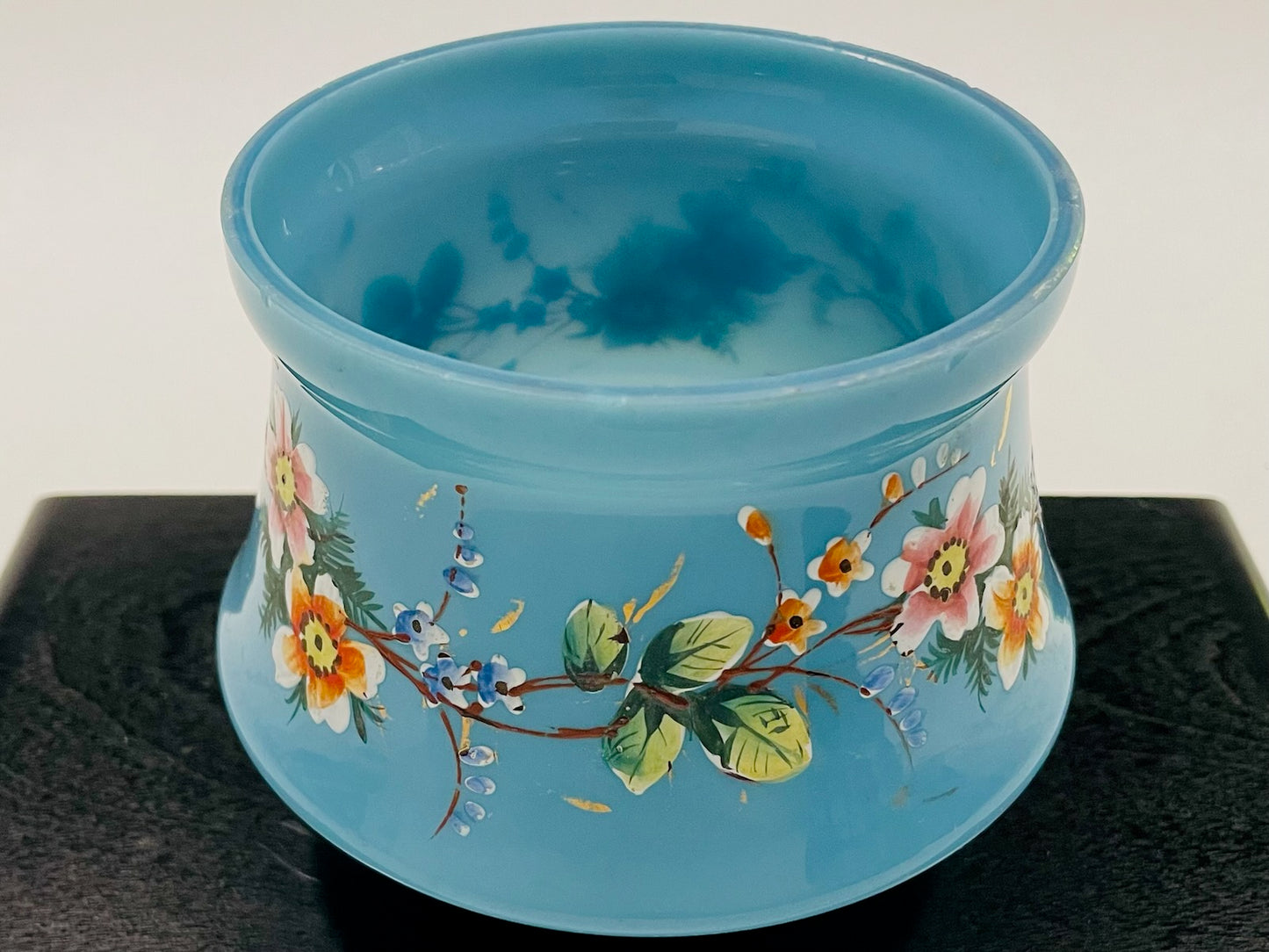 Bristol Style Blue Glass Jar Hand Painted Decorated Floral Enameling