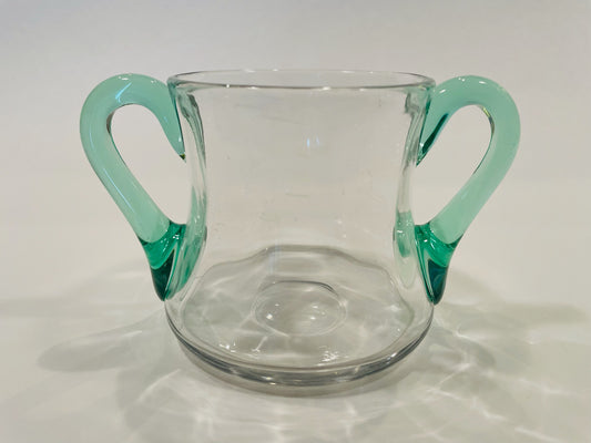 Mid Century Modern Blown Glass Bowl With Green Handles