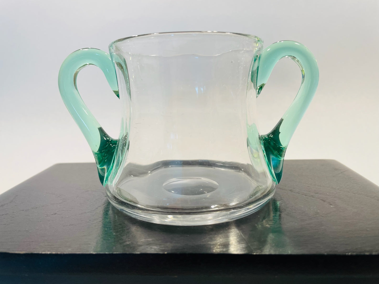 Mid Century Modern Blown Glass Bowl With Green Handles