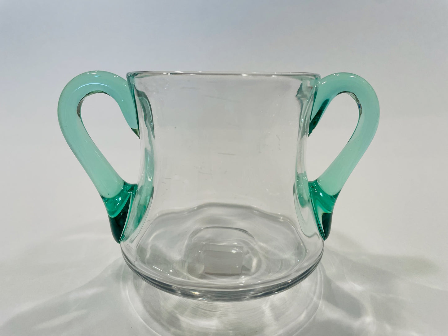 Mid Century Modern Blown Glass Bowl With Green Handles