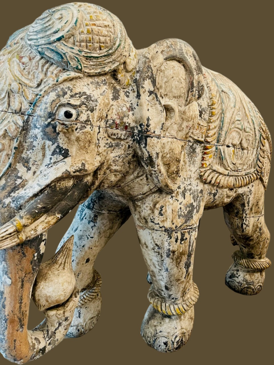 Antique Pair of Hand Decorated Painted Distressed Elephant Sculptures