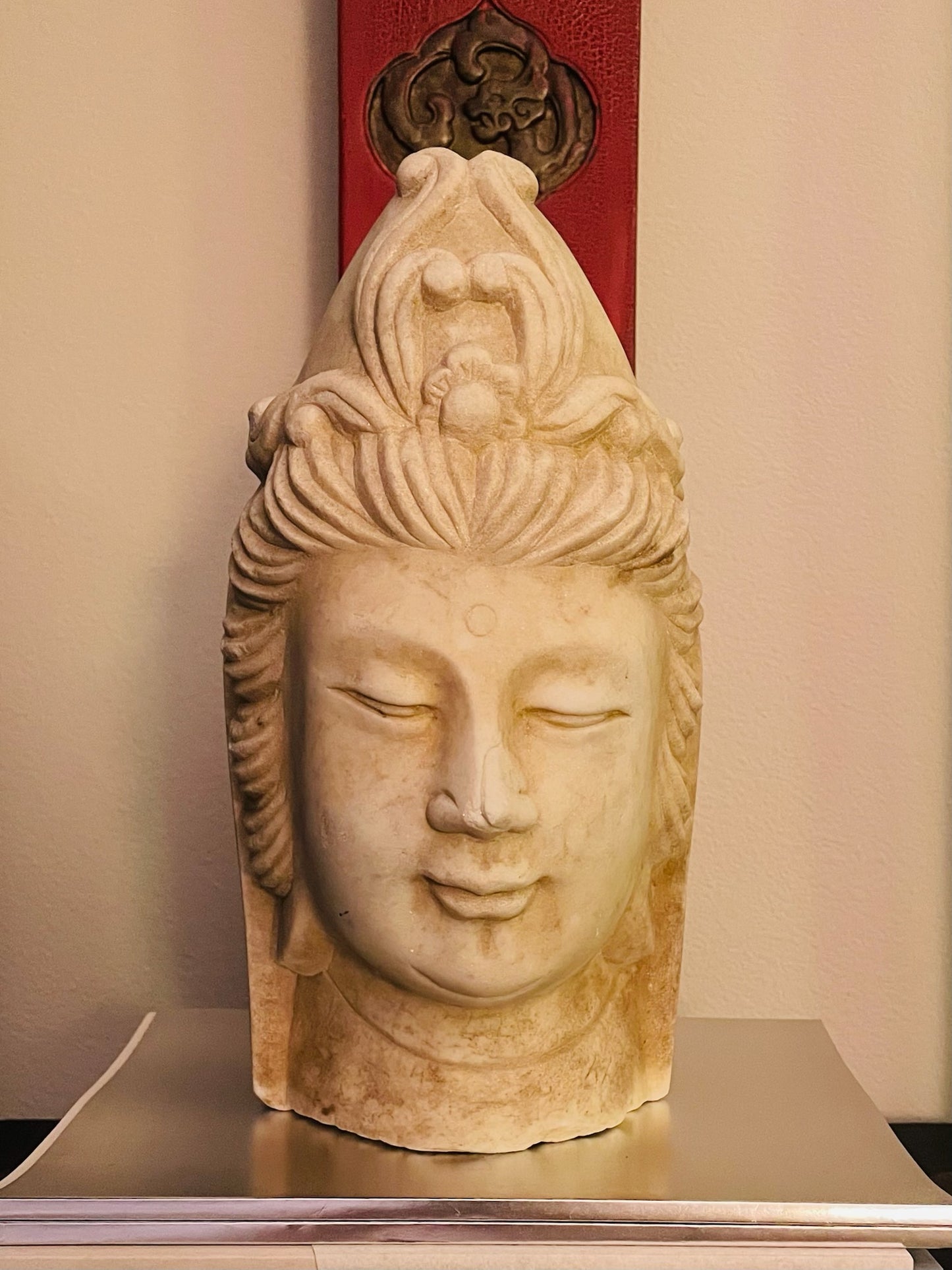 Asian Stone Carved Buddha Head Signed Sculpture