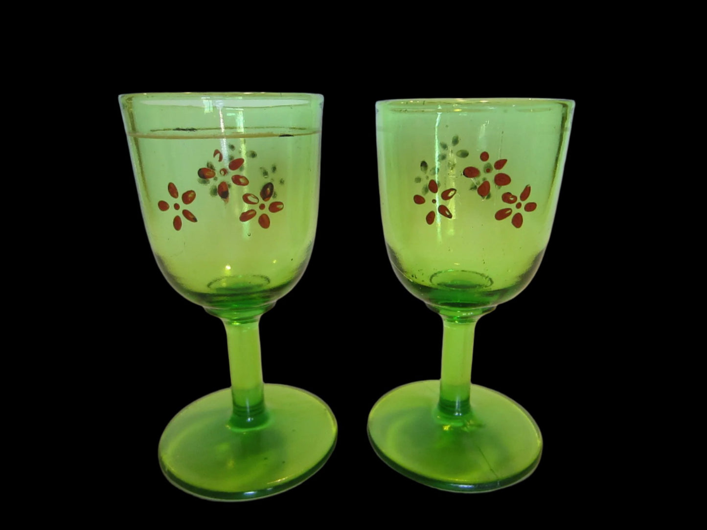 Beaumont Style Cordial Green Stemware Cherry Glass Painted Flowers