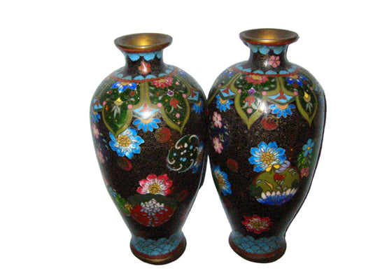 Japanese Cloisonne Black Enameled Vases In Pair 