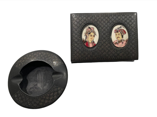 Mughal Hand Painted Portrait Box Ashtray Set Niello Style 