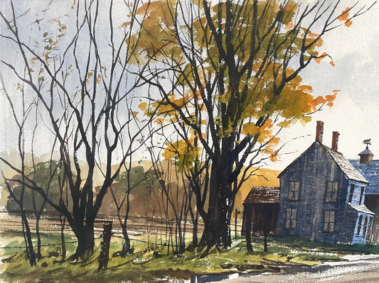 Autumn Impressionist Landscape Barn Scene Watercolor Gouache Signed H Swanson