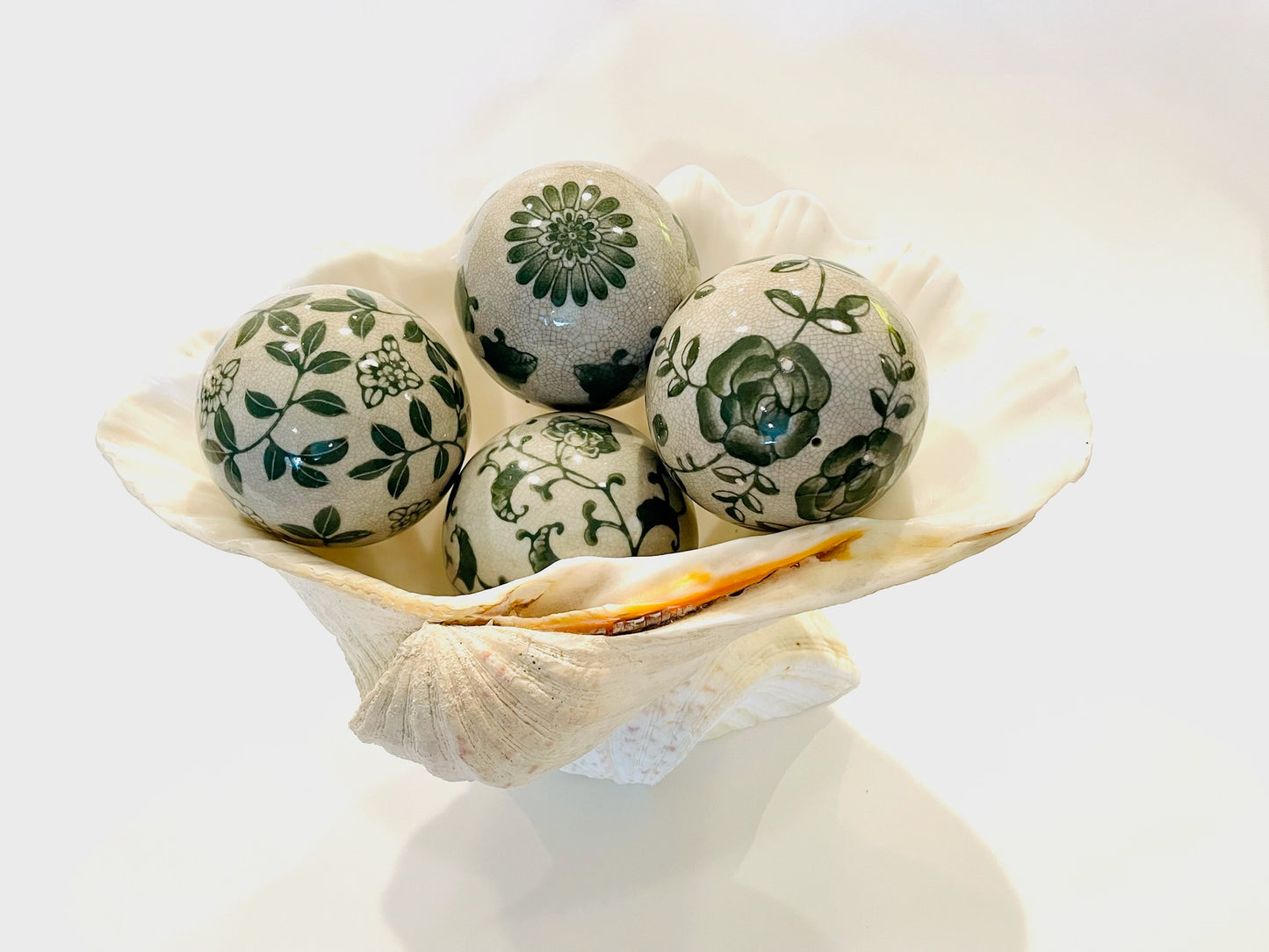 Chinoiserie Modern Four Porcelain Balls Decorative Green Flowers