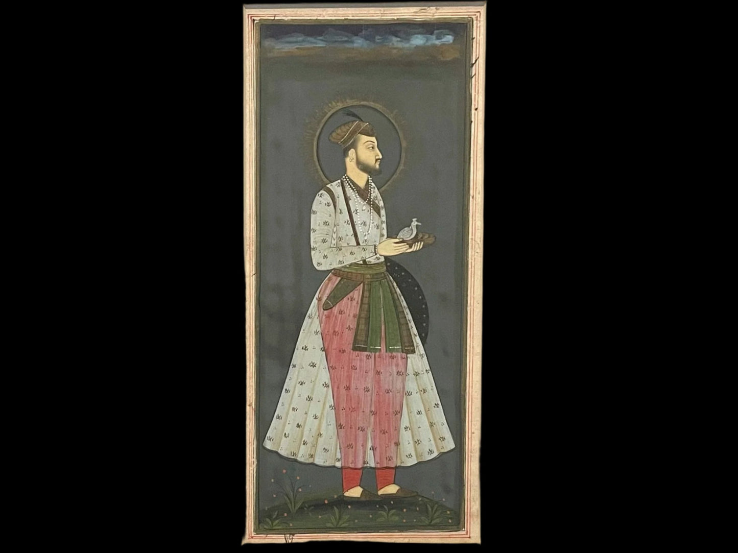 A Miniature Portrait Man In Turban Holding A Bird Persian Manuscript