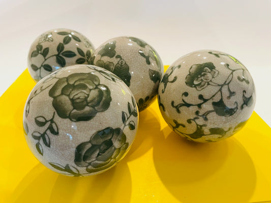 Chinoiserie Modern Four Porcelain Balls Decorative Green Flowers