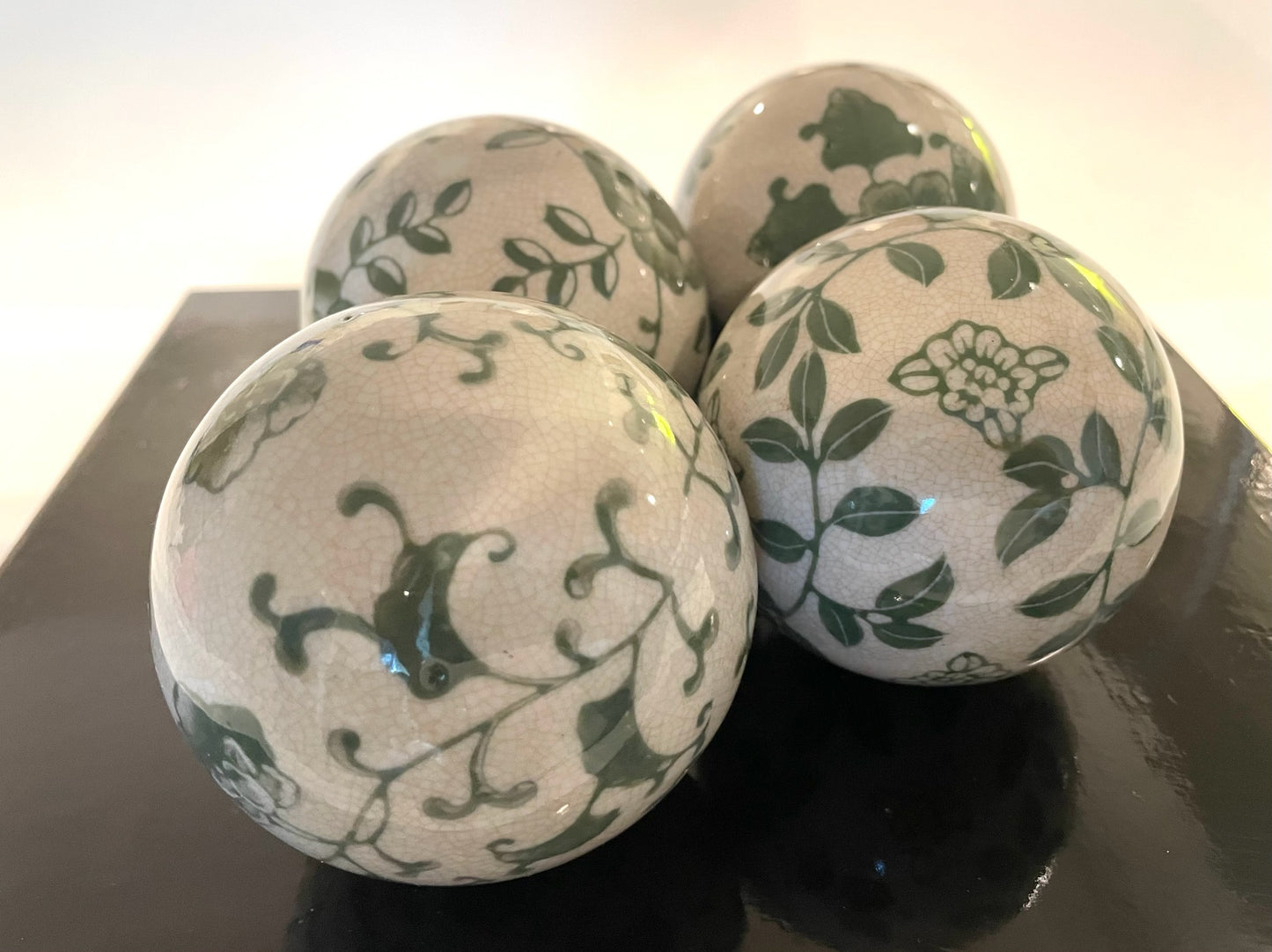 Chinoiserie Modern Four Porcelain Balls Decorative Green Flowers