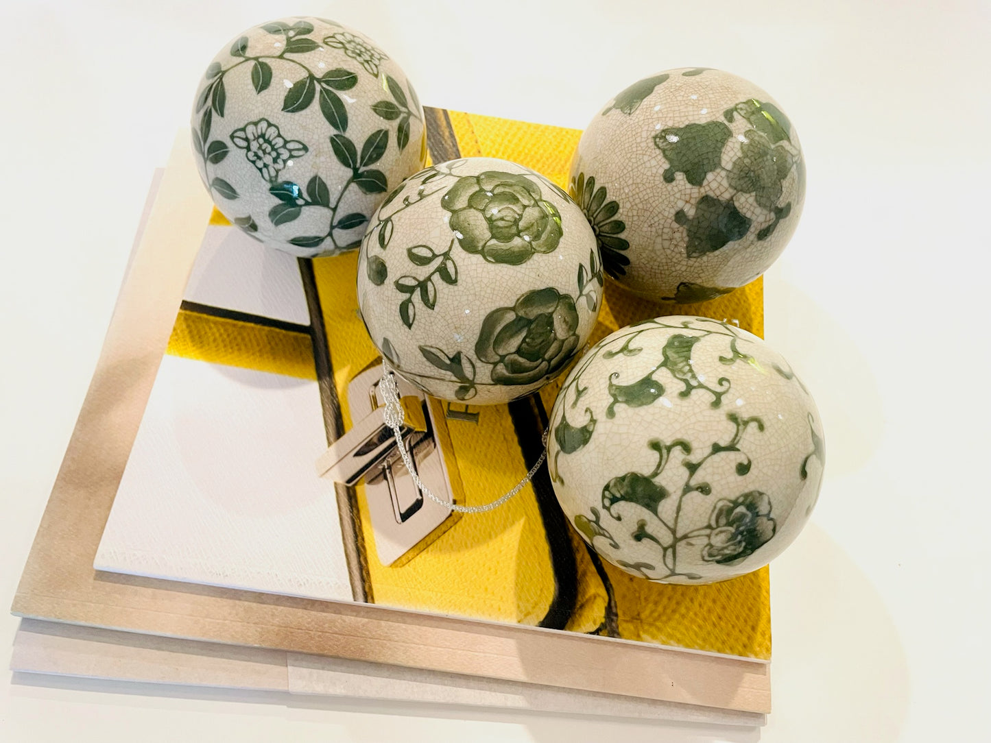 Chinoiserie Modern Four Porcelain Balls Decorative Green Flowers