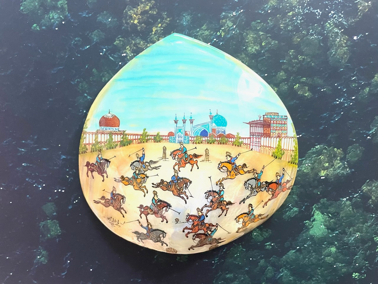 A Miniature Equestrian Abalone Shell Signed Mehrdad Irajpoor