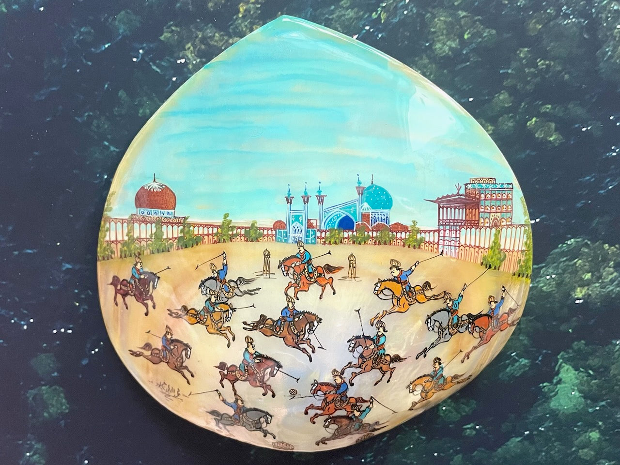 A Miniature Equestrian Abalone Shell Signed Mehrdad Irajpoor