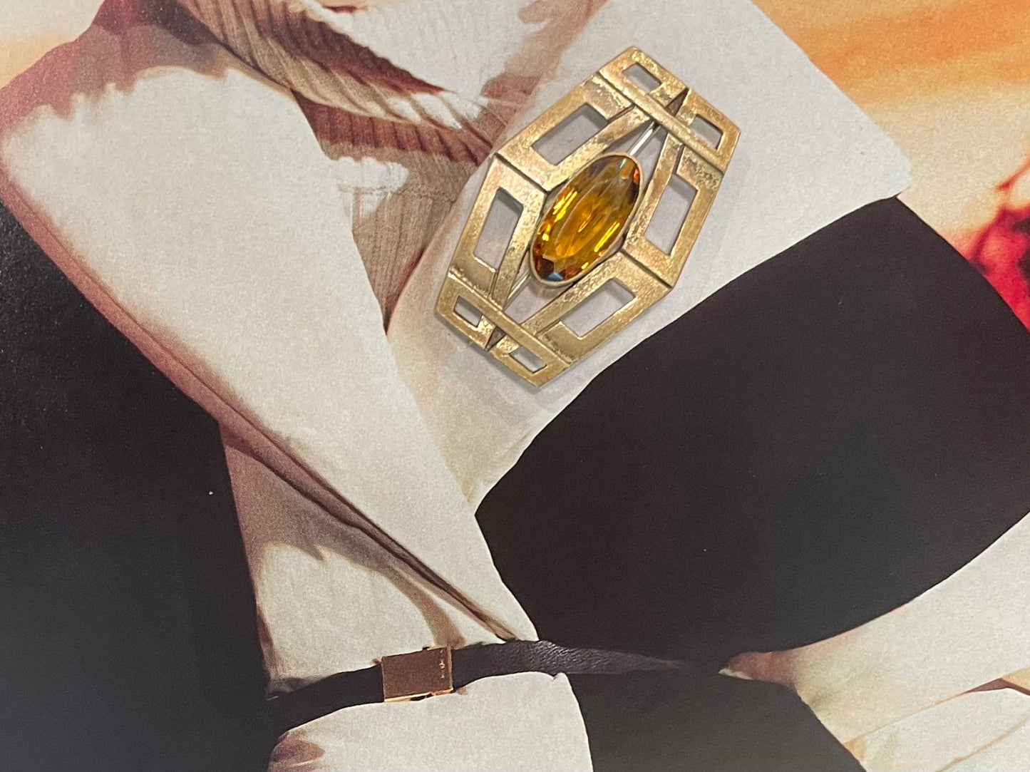 Art Deco Abstract Brooch Centered Citrine Cabochon