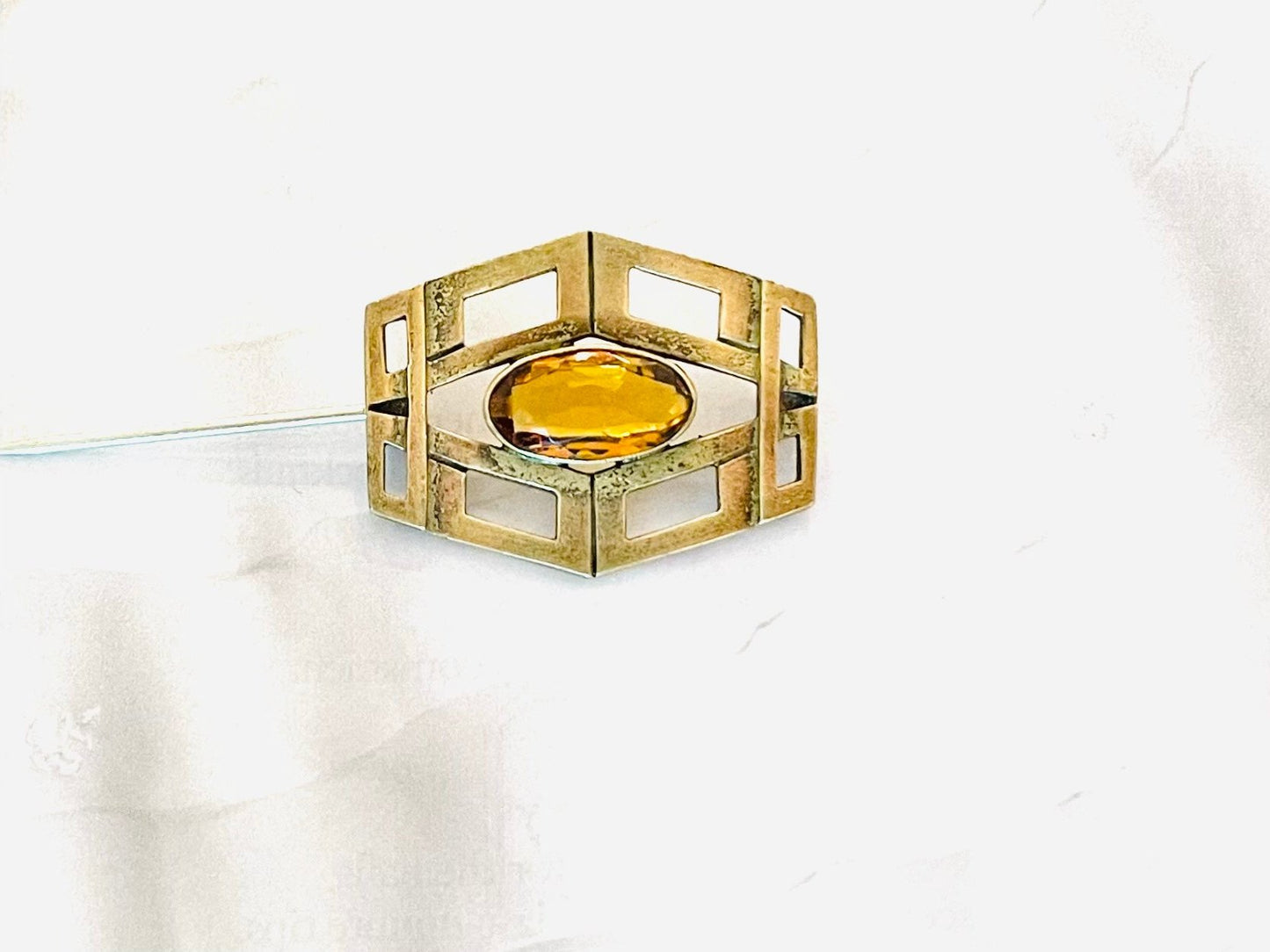 Art Deco Abstract Brooch Centered Citrine Cabochon