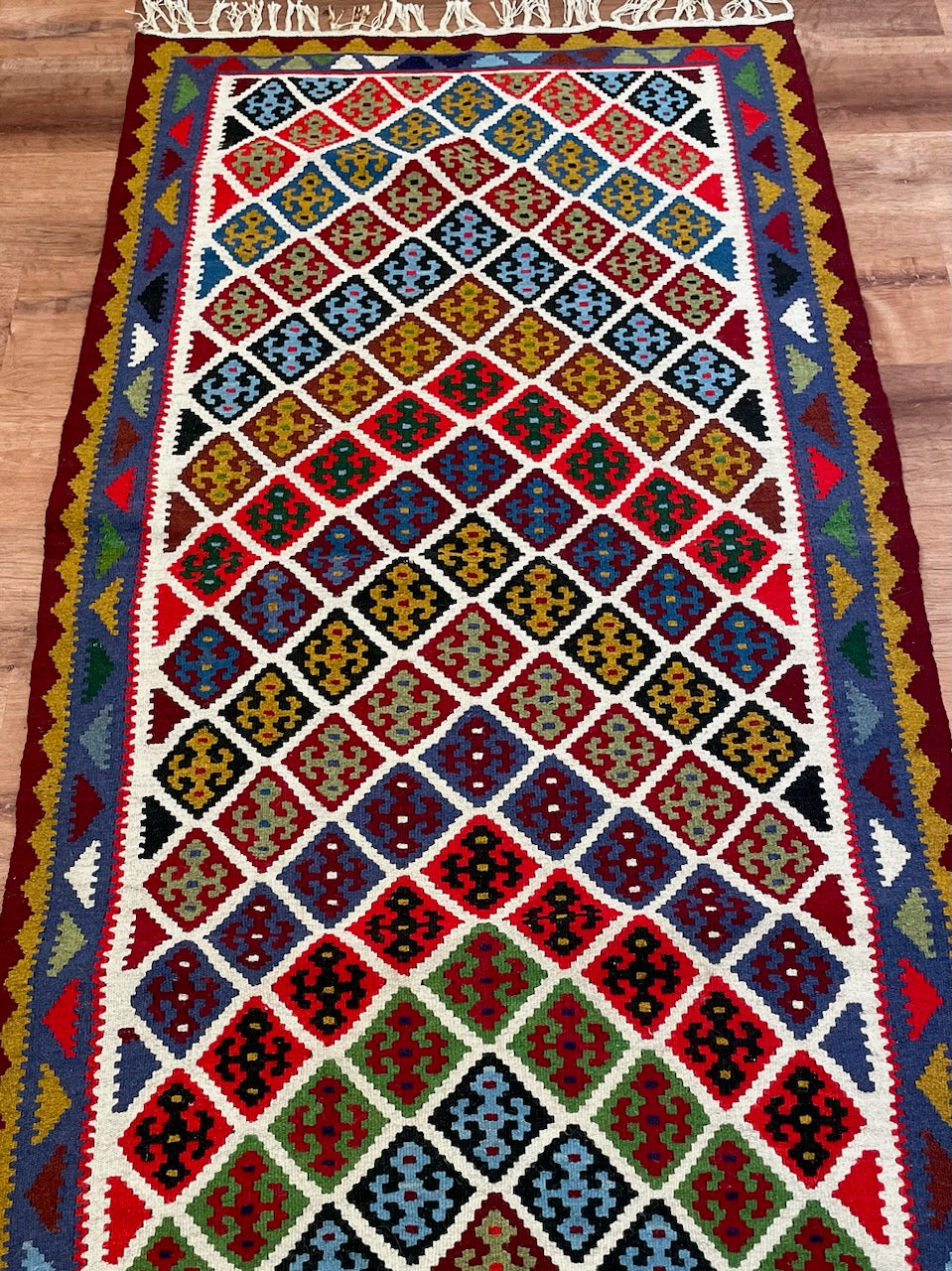 A Caucasion Hand Woven Kilim Geometric Runner Art Rug