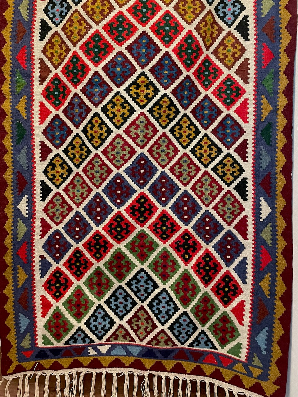 A Caucasion Hand Woven Kilim Geometric Runner Art Rug