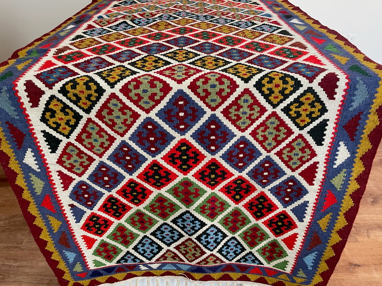 A Caucasion Hand Woven Kilim Geometric Runner Art Rug