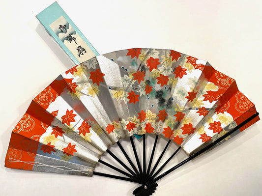 Japanese Dual Sided Embossed Floral Paper Fan Original Case