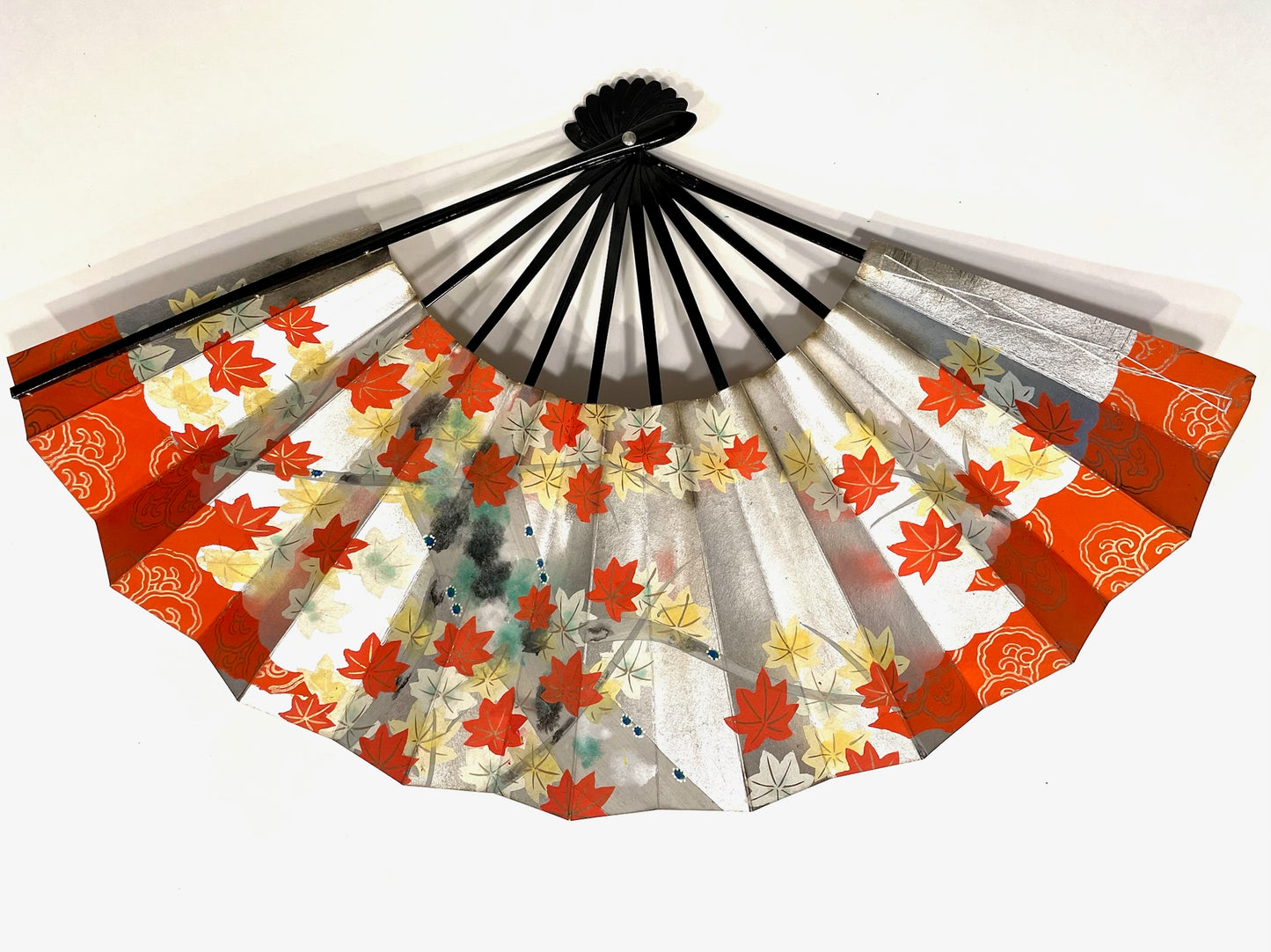 Japanese Dual Sided Embossed Floral Paper Fan Original Case