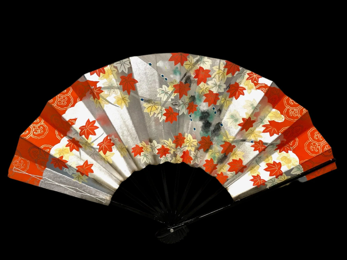 Japanese Dual Sided Embossed Floral Paper Fan Original Case