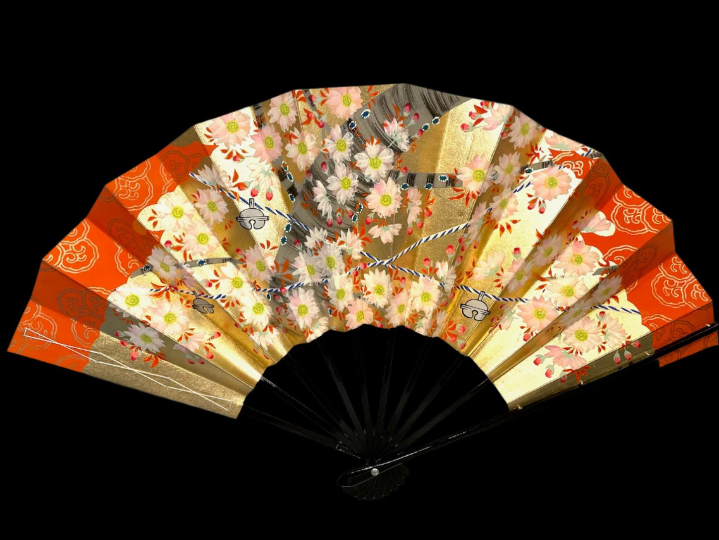 Japanese Dual Sided Embossed Floral Paper Fan Original Case