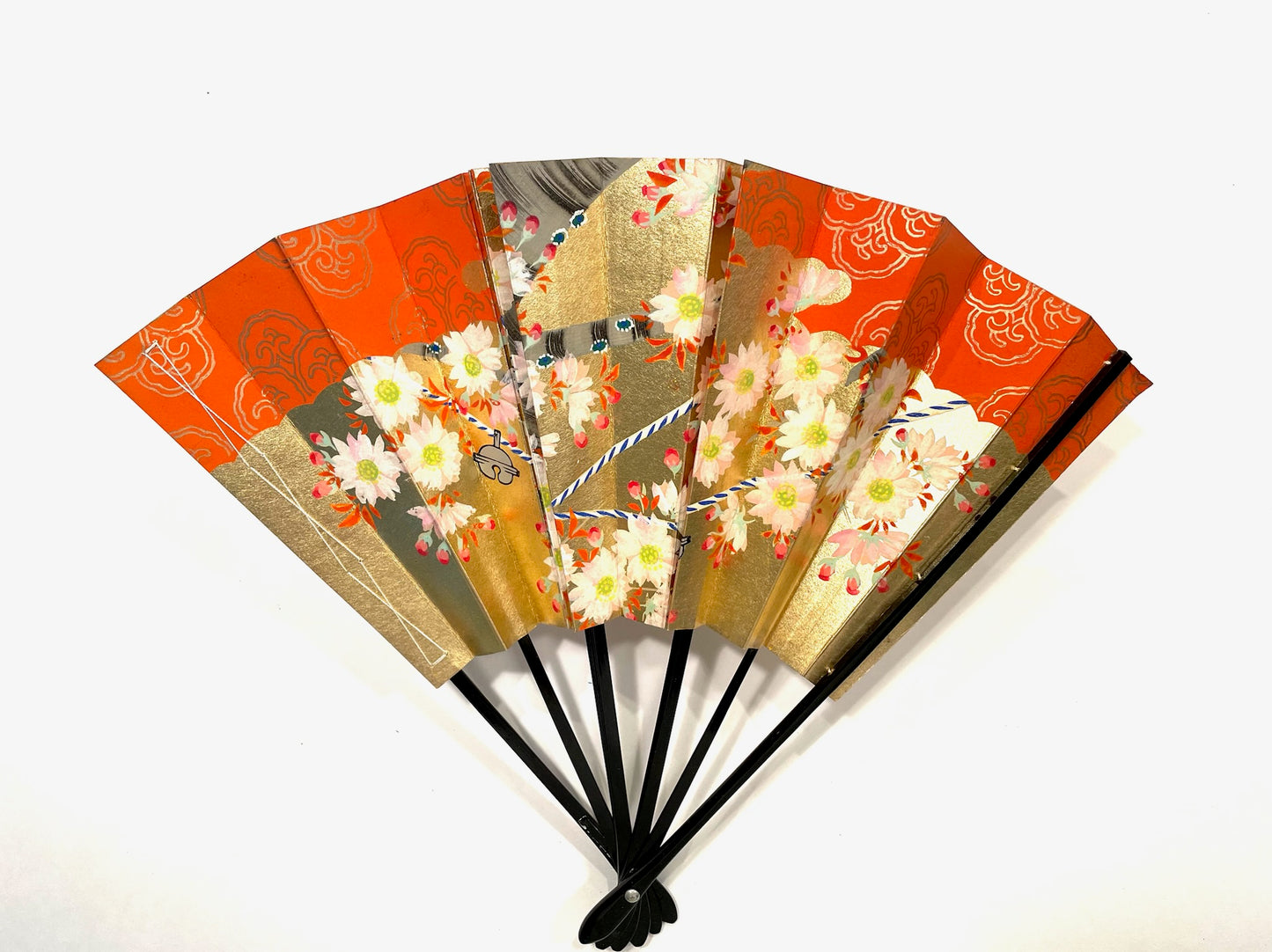 Japanese Dual Sided Embossed Floral Paper Fan Original Case