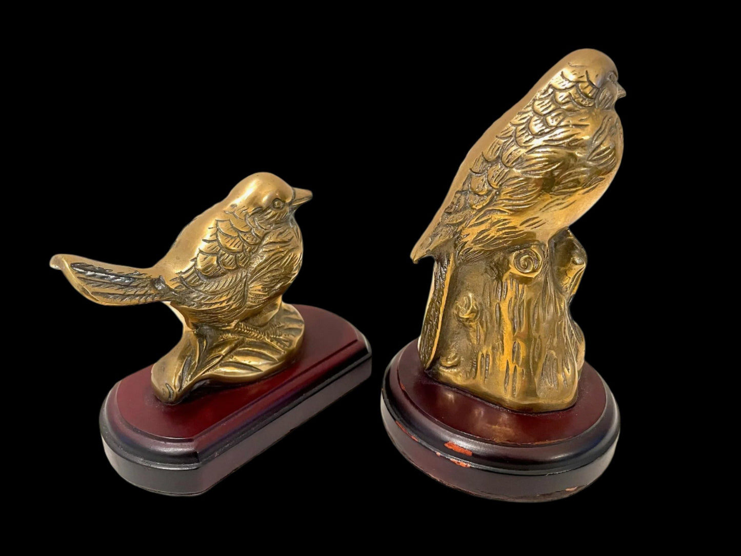 Brass Birds Elaborate Statues Bookends On Mahogany Stands