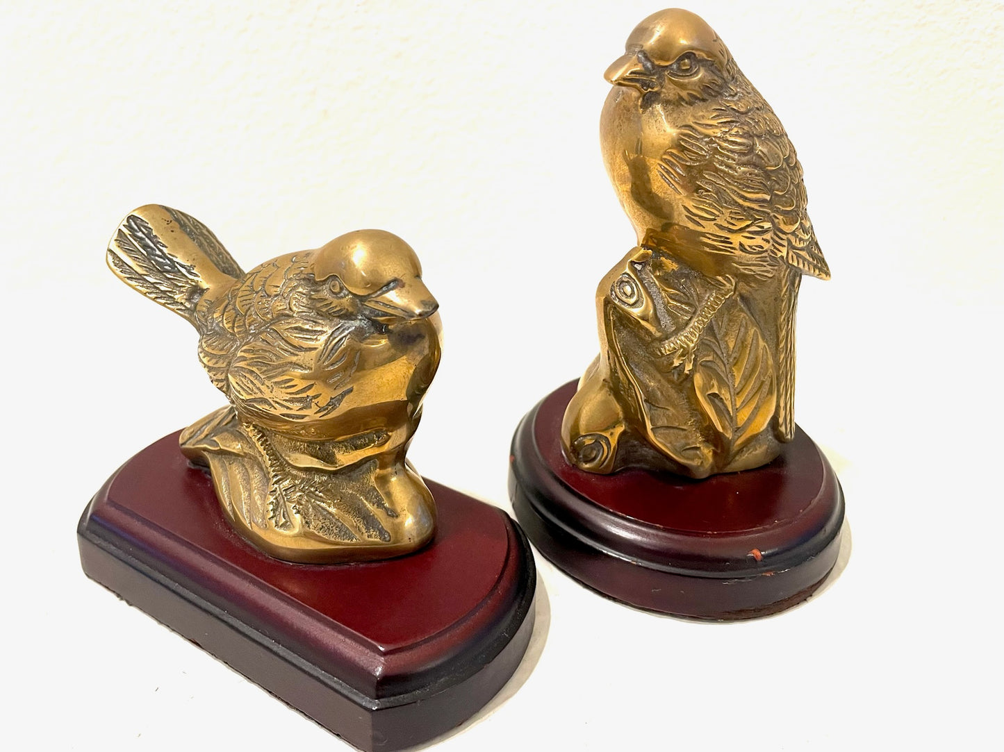 Brass Birds Elaborate Statues Bookends On Mahogany Stands