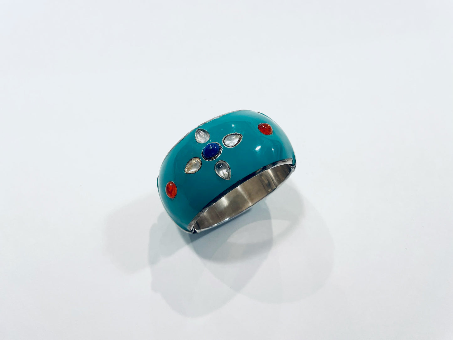 Turquoise Enamel Sterling Silver Studded Cabochon Signature Bangle Bracelet