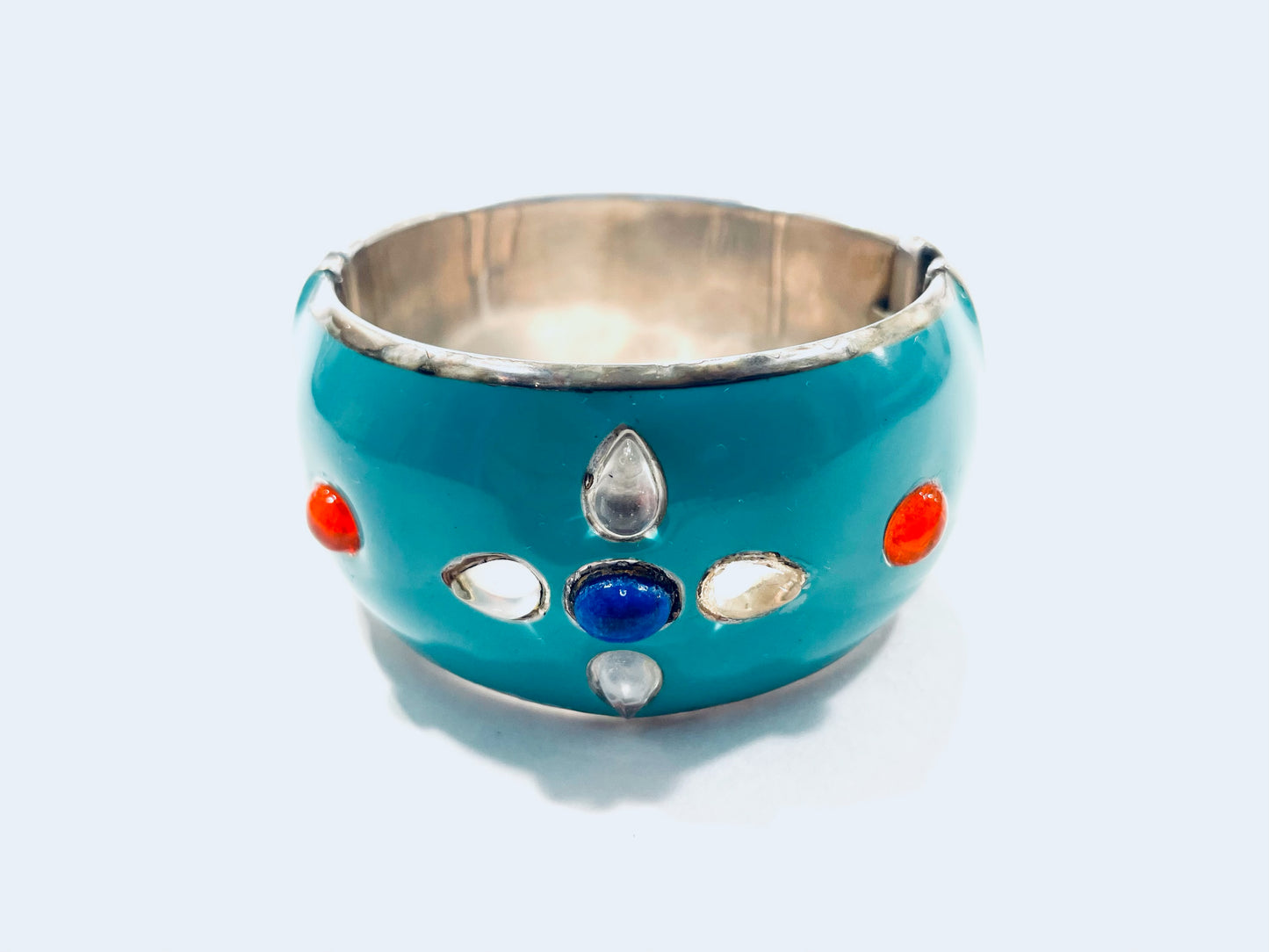 Turquoise Enamel Sterling Silver Studded Cabochon Signature Bangle Bracelet 