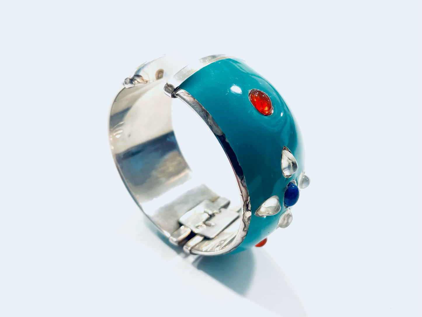 Turquoise Enamel Sterling Silver Studded Cabochon Signature Bangle Bracelet