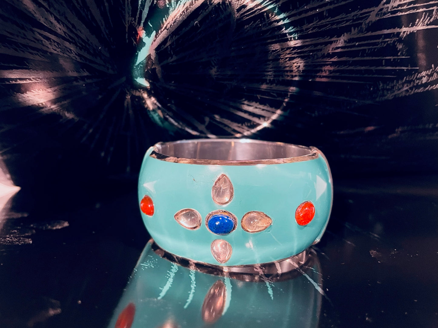 Turquoise Enamel Sterling Silver Studded Cabochon Signature Bangle Bracelet