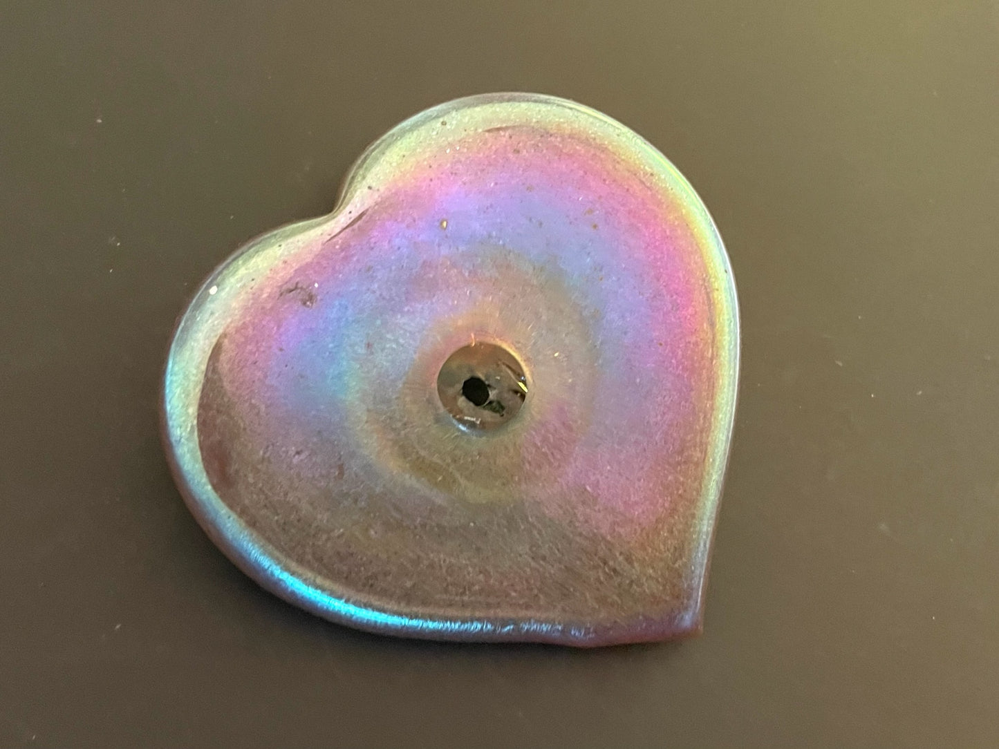 A Modernist Folk Art Iridized Rainbow Blue Glass Heart